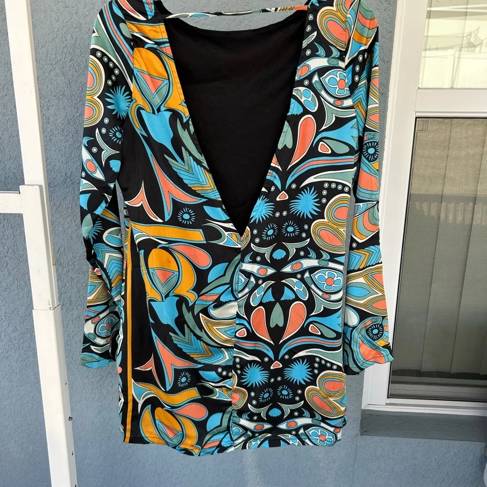 Uniq Retro Mod Abstract Print Long Sleeve Dress Multicolor Open Back Size Sm